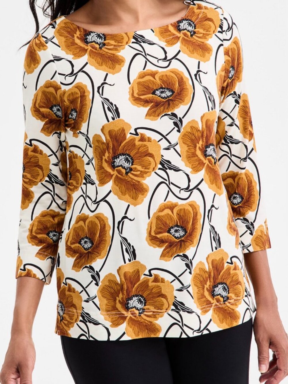 Women's Floral Print 3/4-Sleeve Boat-Neck Top